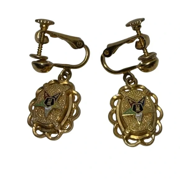 Vintage Eastern Star Masonic Screw Back Dangle Earrings Gold Tone Enamel Women - Picture 1 of 8